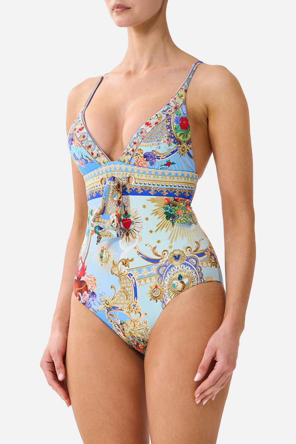 The CAMILLA HIGH TRI ONE PIECE WITH EYELET TIE FRONT TRIM VERSES IN VINTAGE