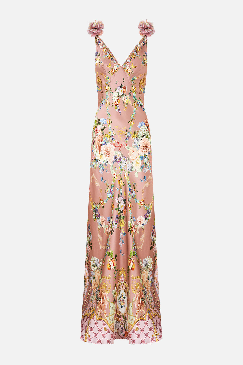 V NECK BIAS SLIP DRESS WITH BACK FRILL CHAMBER OF BLOOMS