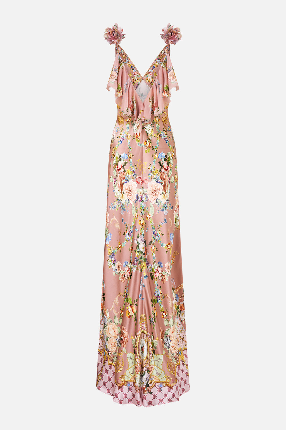 V NECK BIAS SLIP DRESS WITH BACK FRILL CHAMBER OF BLOOMS