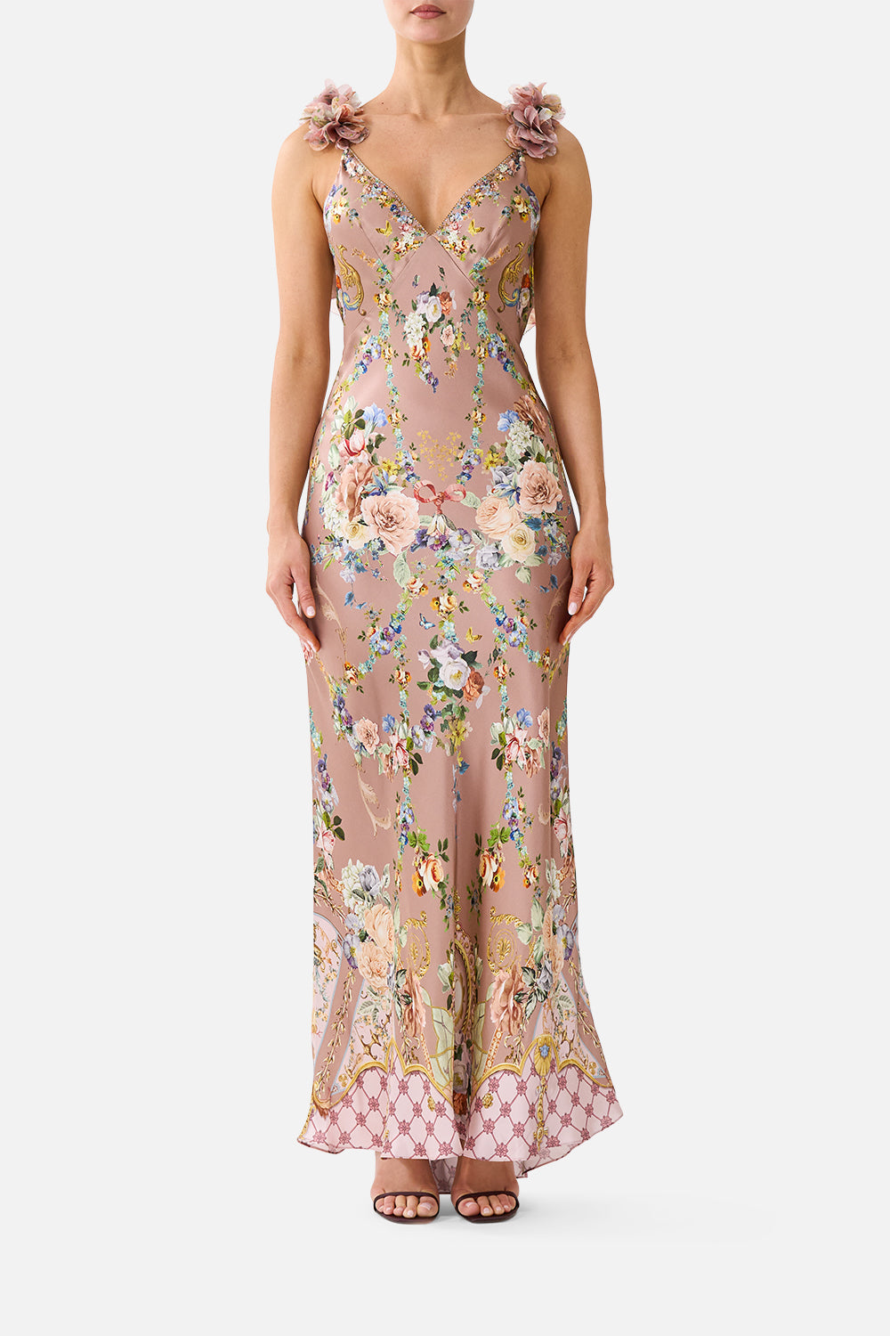V NECK BIAS SLIP DRESS WITH BACK FRILL CHAMBER OF BLOOMS