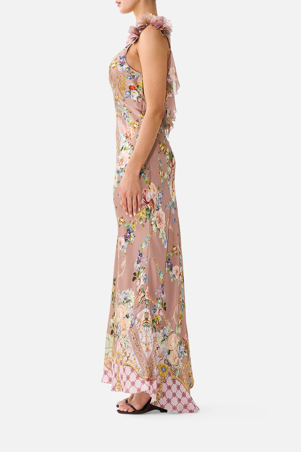 V NECK BIAS SLIP DRESS WITH BACK FRILL CHAMBER OF BLOOMS