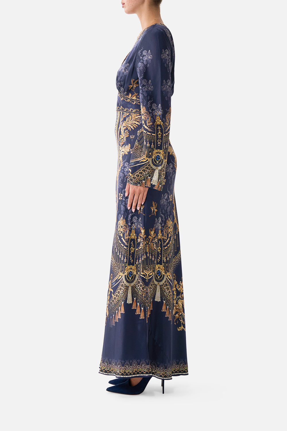 The CAMILLA V Neck Dress with Flared Sleeve in our Cloaked in Baroque print, side view on model.