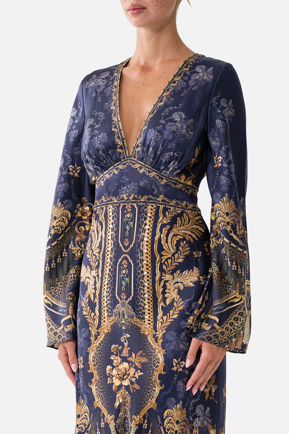 The CAMILLA V Neck Dress with Flared Sleeve in our Cloaked in Baroque print, detail view on model.