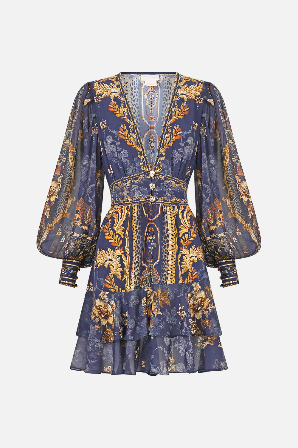 The CAMILLA Button Front Frill Dress in our Cloaked in Baroque print, front view.
