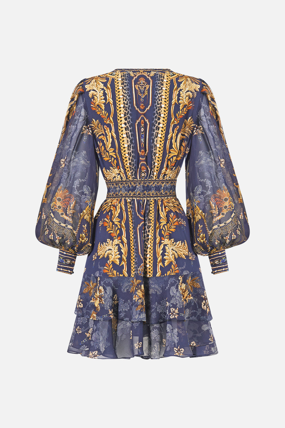The CAMILLA Button Front Frill Dress in our Cloaked in Baroque print, back view.