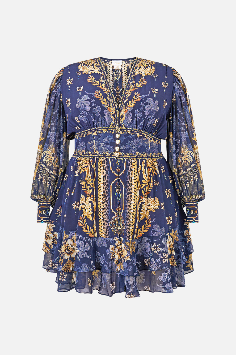 The CAMILLA Button Front Frill Dress in our Cloaked in Baroque print, front view.