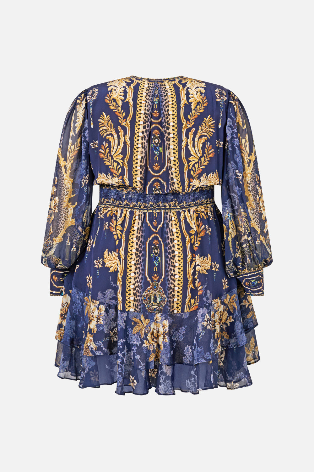 The CAMILLA Button Front Frill Dress in our Cloaked in Baroque print, back view.