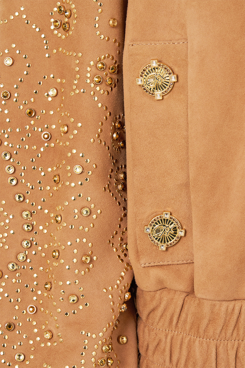 The CAMILLA Leather Bomber with Pocket Details in our A Meeting of Masterpieces print, fabric detail.