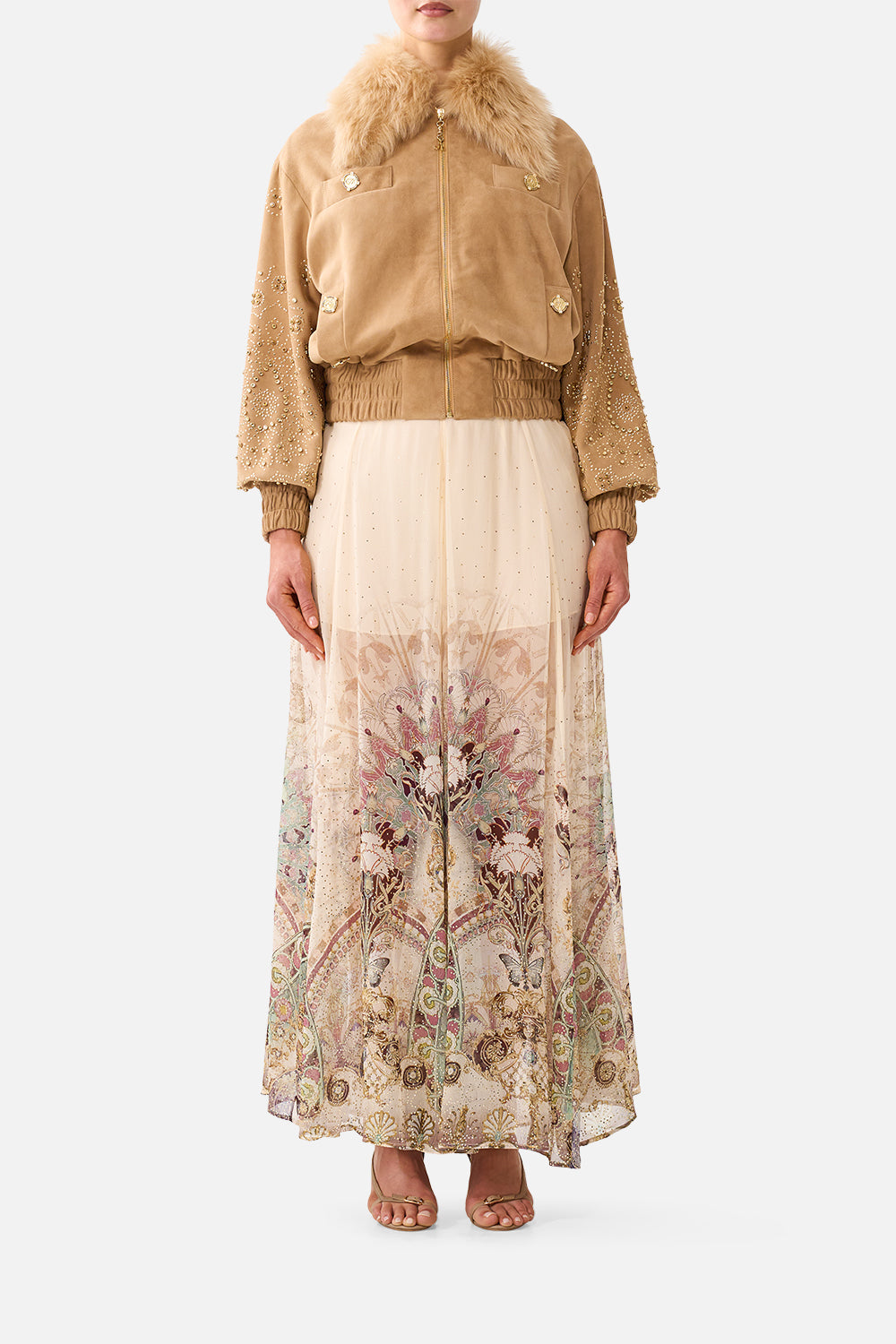 The CAMILLA Leather Bomber with Pocket Details in our A Meeting of Masterpieces print, front view on model.