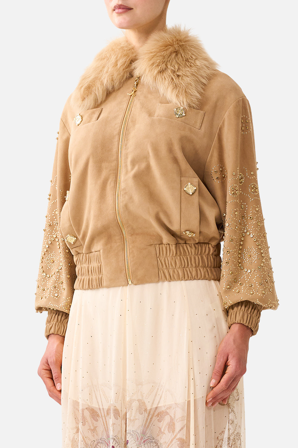 The CAMILLA Leather Bomber with Pocket Details in our A Meeting of Masterpieces print, detail view on model.