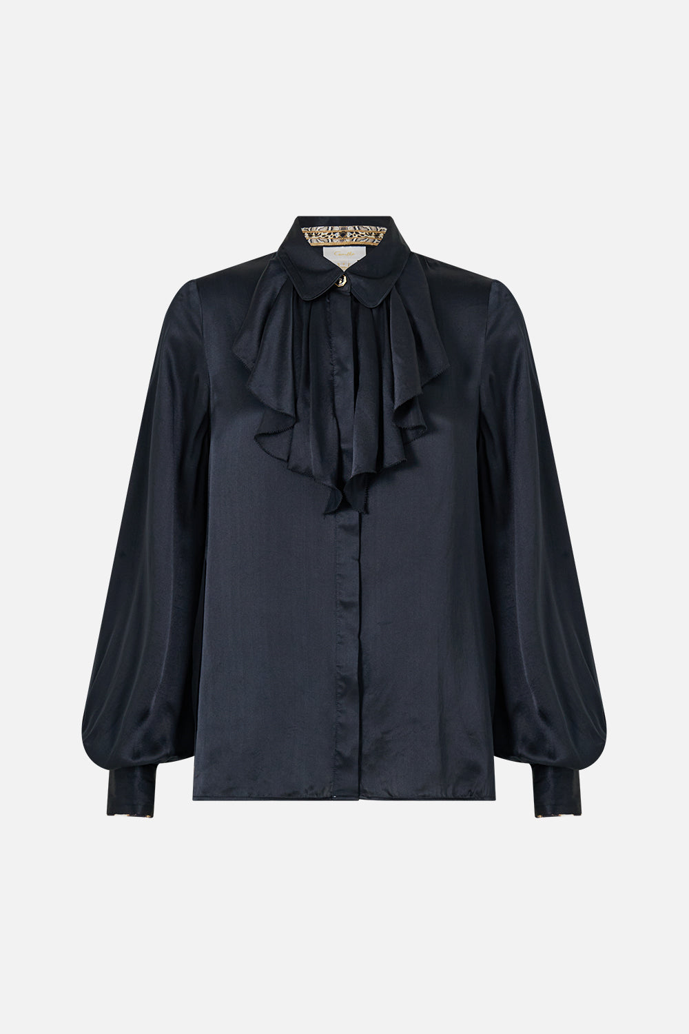 The CAMILLA COLLARED SHIRT WITH FRILL NECK DETAIL LEOPARD LIBERTINE