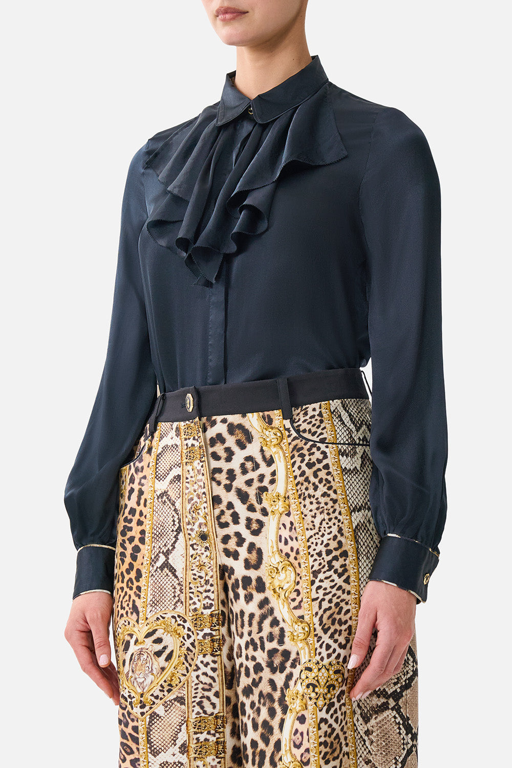 The CAMILLA Collared Shirt with Frill Neck Detail Leopard Libertine in our Leopard Libertine print.