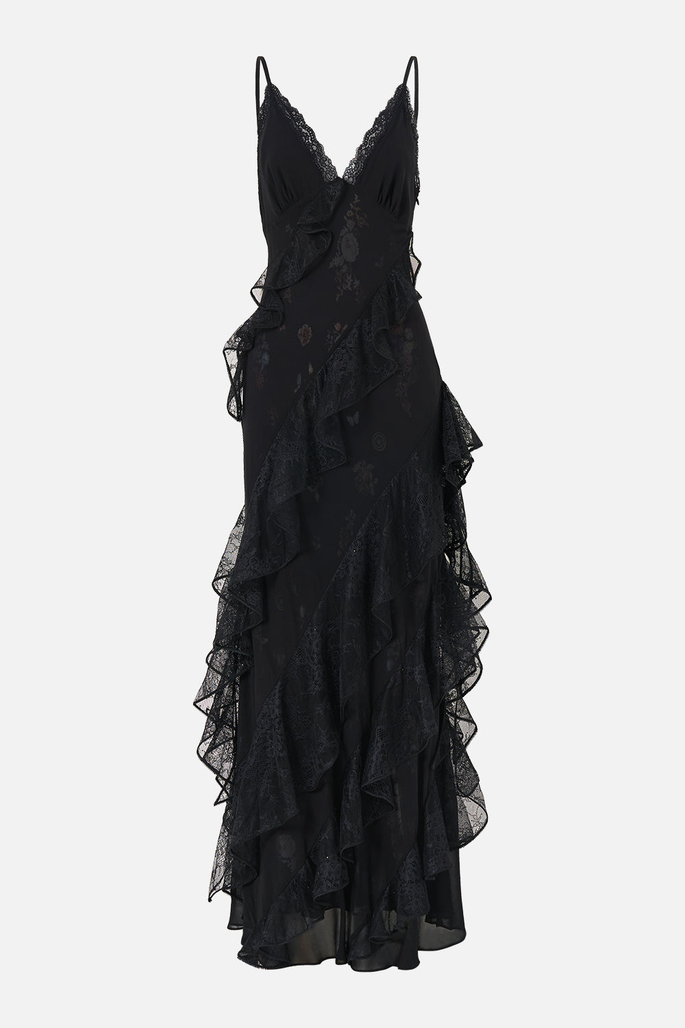 ASYMMETRICAL RUFFLE SLIP DRESS NIGHT GARDEN