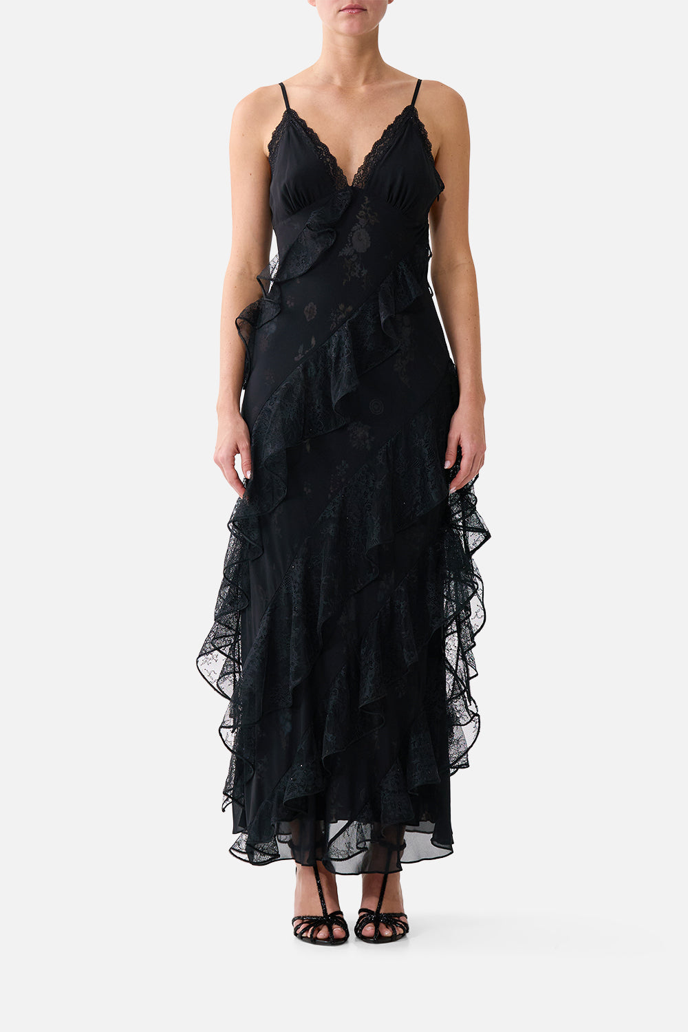 ASYMMETRICAL RUFFLE SLIP DRESS NIGHT GARDEN
