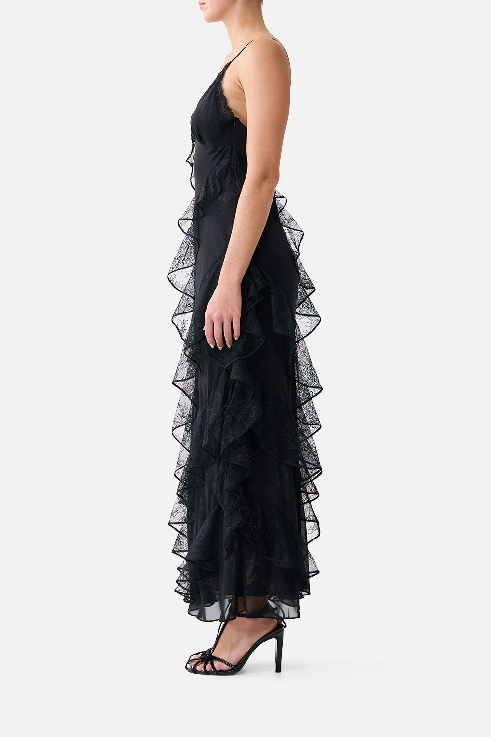 ASYMMETRICAL RUFFLE SLIP DRESS NIGHT GARDEN