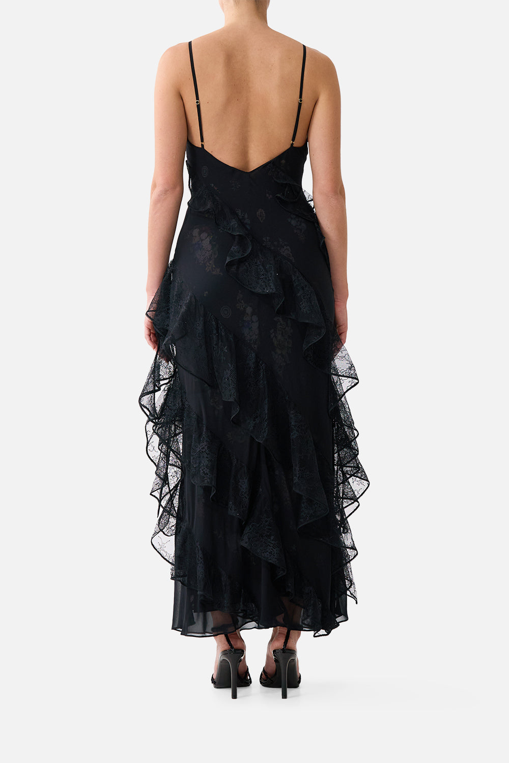 ASYMMETRICAL RUFFLE SLIP DRESS NIGHT GARDEN