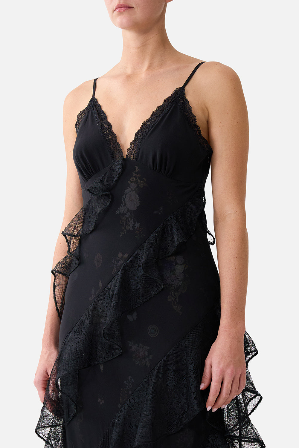 ASYMMETRICAL RUFFLE SLIP DRESS NIGHT GARDEN