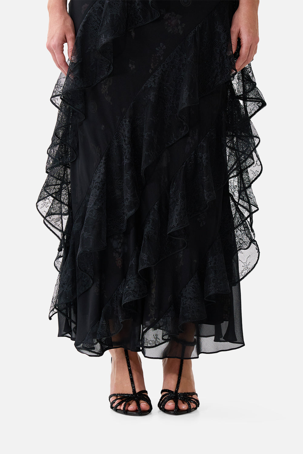 ASYMMETRICAL RUFFLE SLIP DRESS NIGHT GARDEN