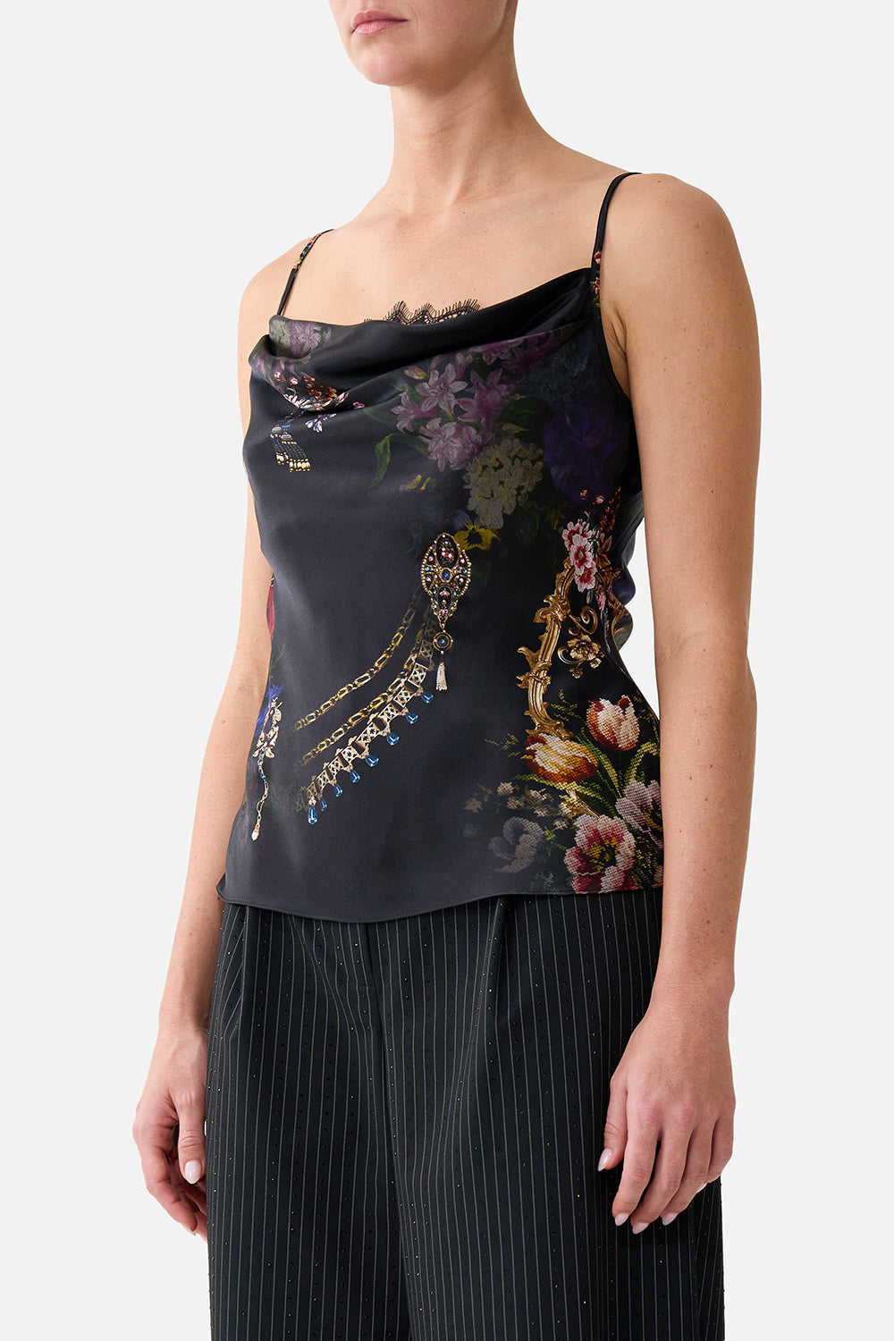 COWL NECK CAMI WITH LACE NIGHT GARDEN