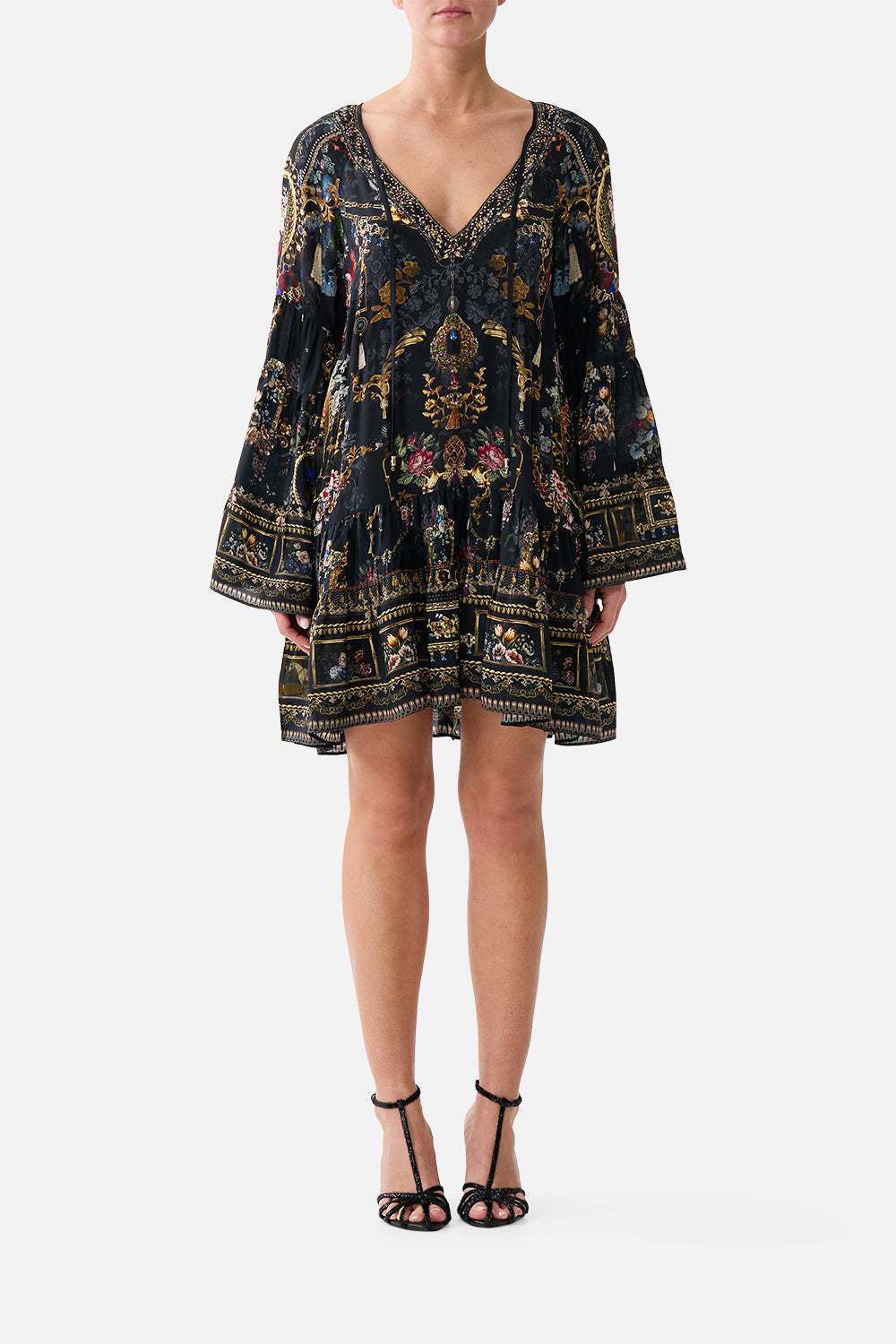 A-LINE GATHERED PANEL DRESS NIGHT GARDEN