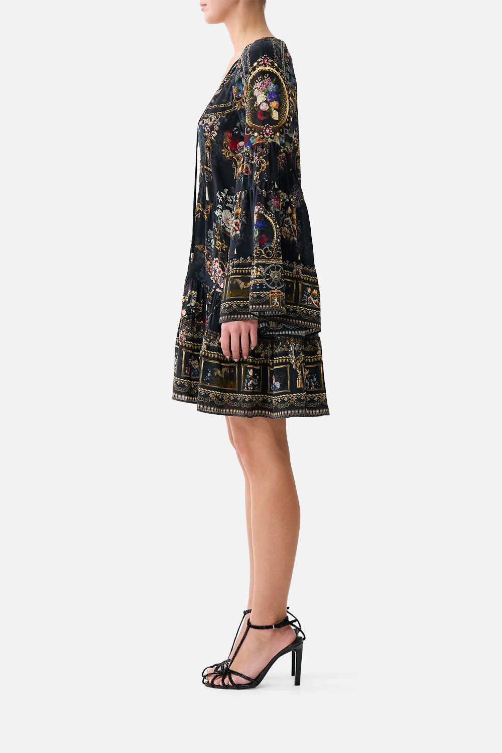 A-LINE GATHERED PANEL DRESS NIGHT GARDEN