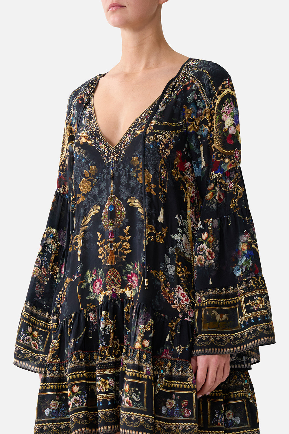 A-LINE GATHERED PANEL DRESS NIGHT GARDEN