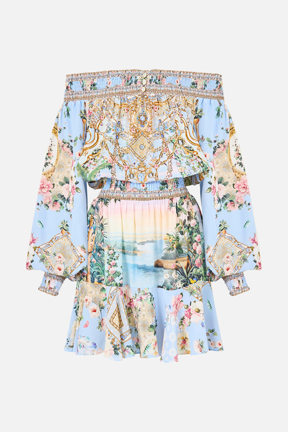 The CAMILLA Off Shoulder Short Dress Sisi Society in our Sisi Society print.