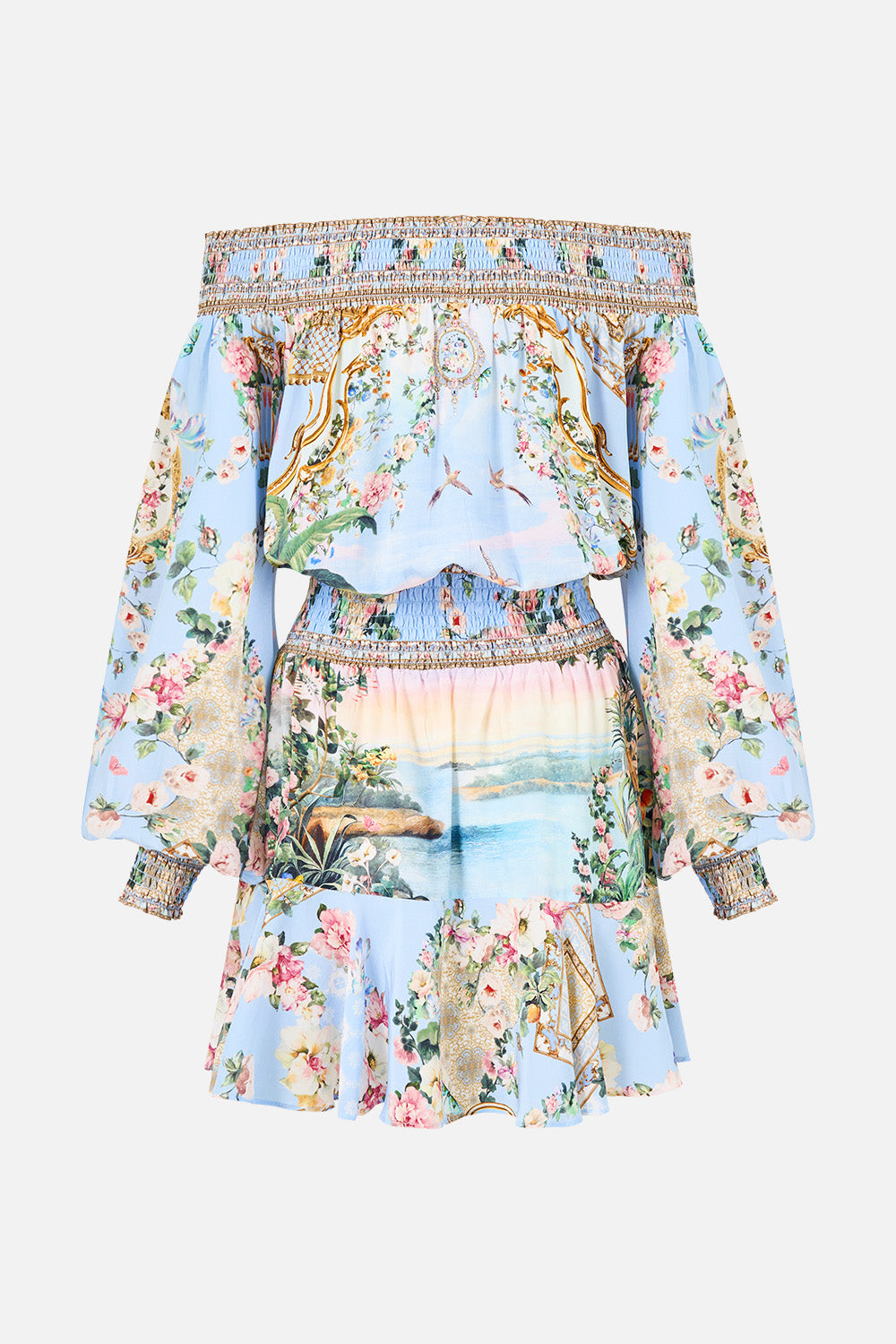 The CAMILLA Off Shoulder Short Dress in our Sisi Society print, back view.