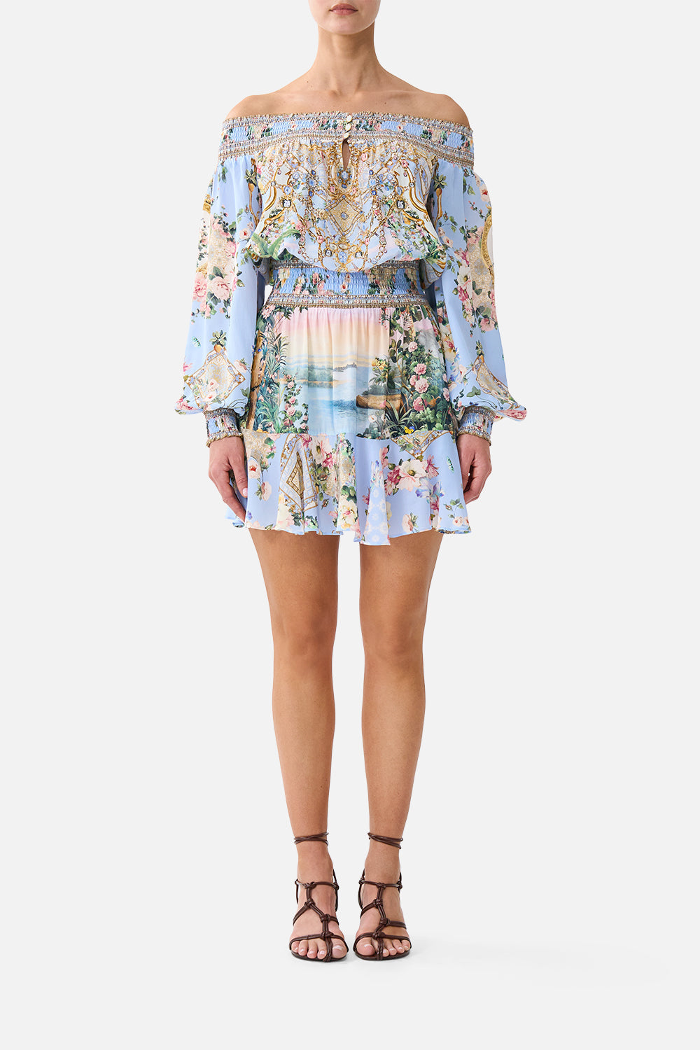 The CAMILLA Off Shoulder Short Dress Sisi Society in our Sisi Society print.