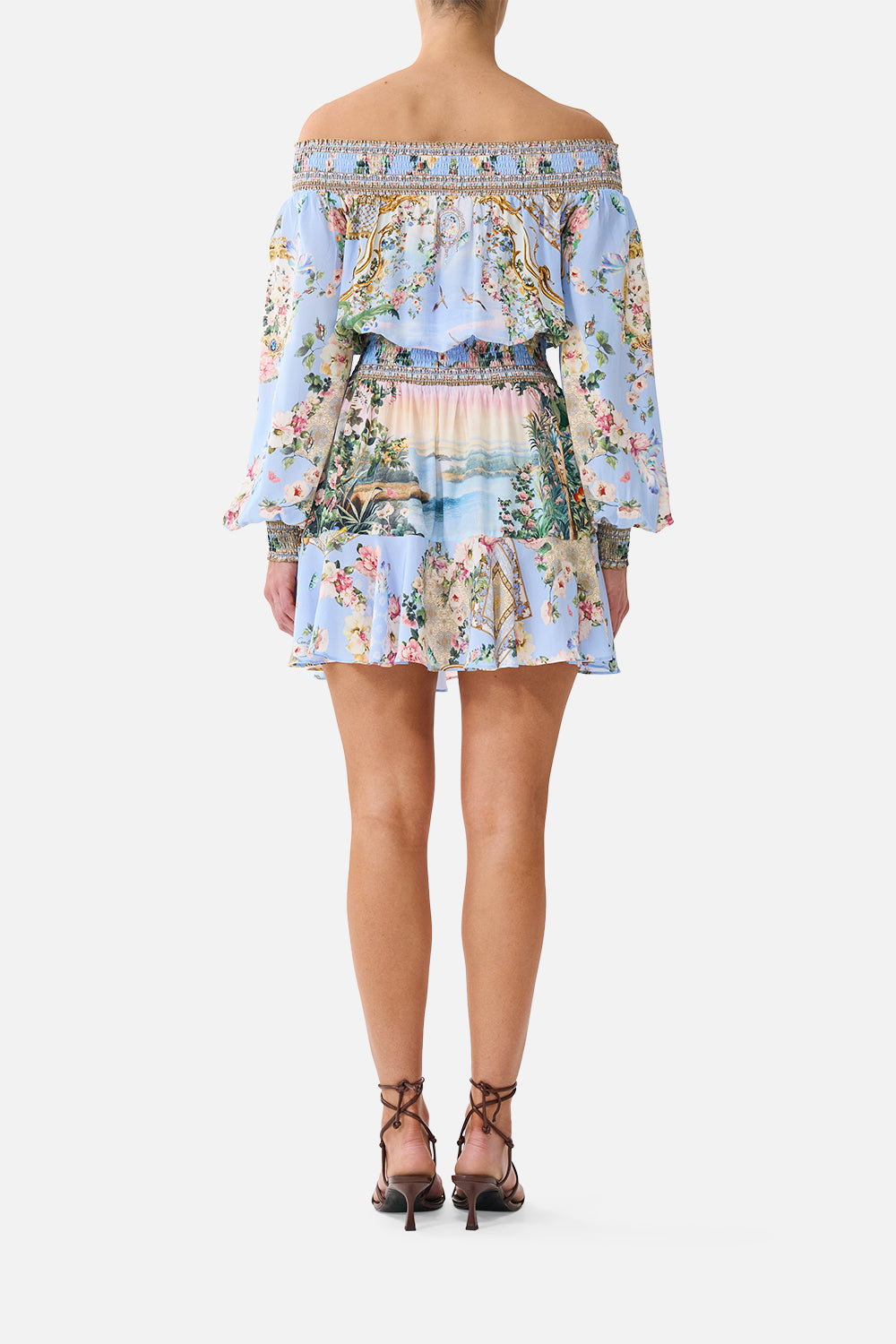 The CAMILLA Off Shoulder Short Dress Sisi Society in our Sisi Society print.