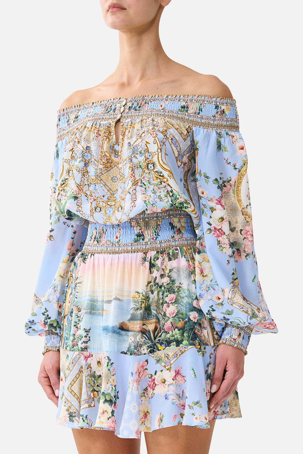 The CAMILLA Off Shoulder Short Dress Sisi Society in our Sisi Society print.