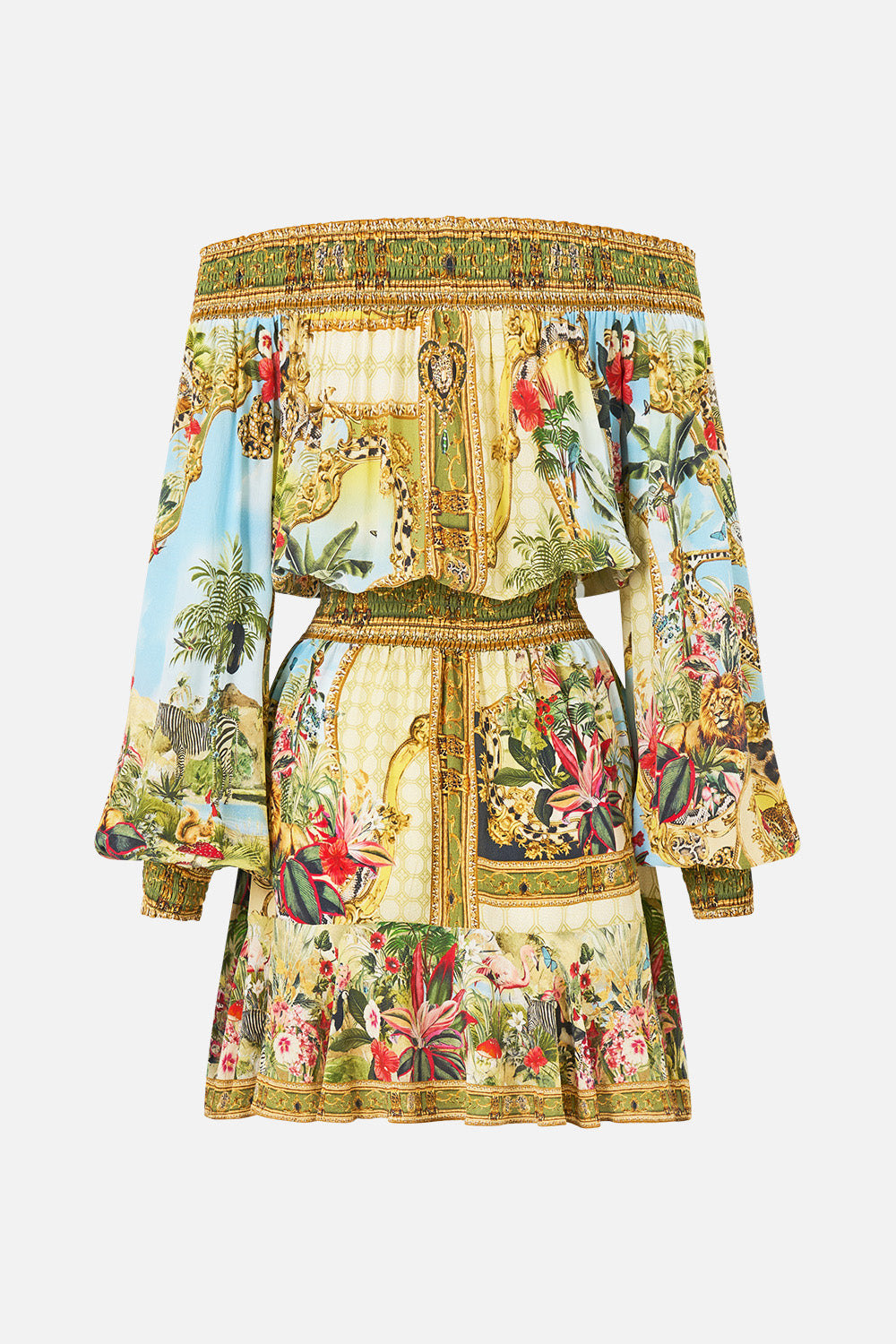 The CAMILLA Off Shoulder Short Dress Wanderlust Empire in our Wanderlust Empire print.