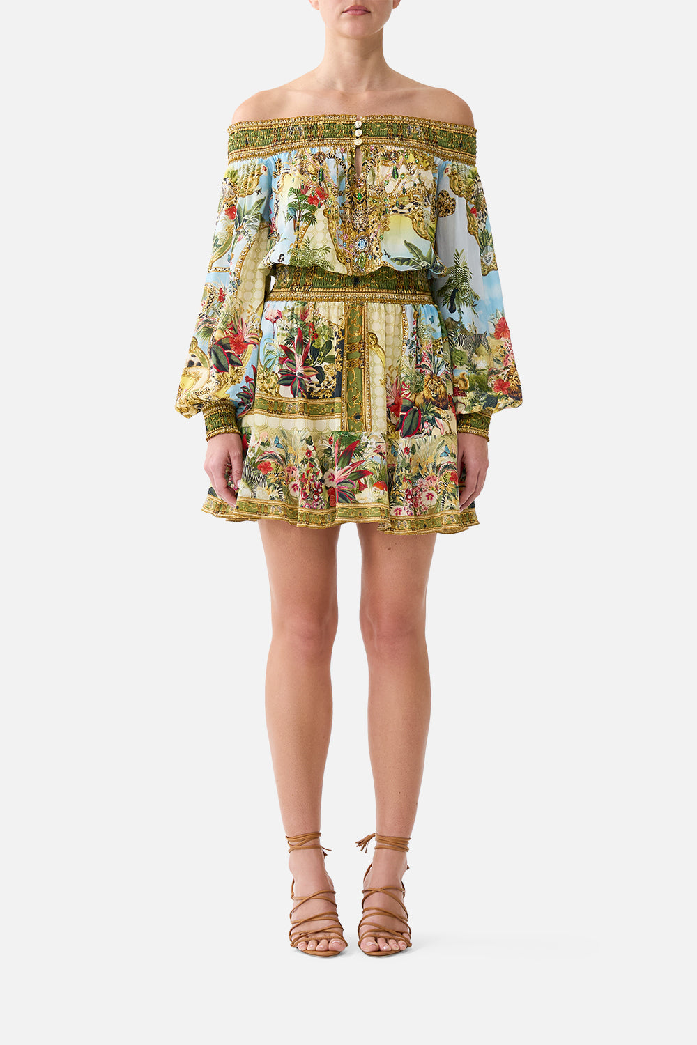 The CAMILLA Off Shoulder Short Dress Wanderlust Empire in our Wanderlust Empire print.