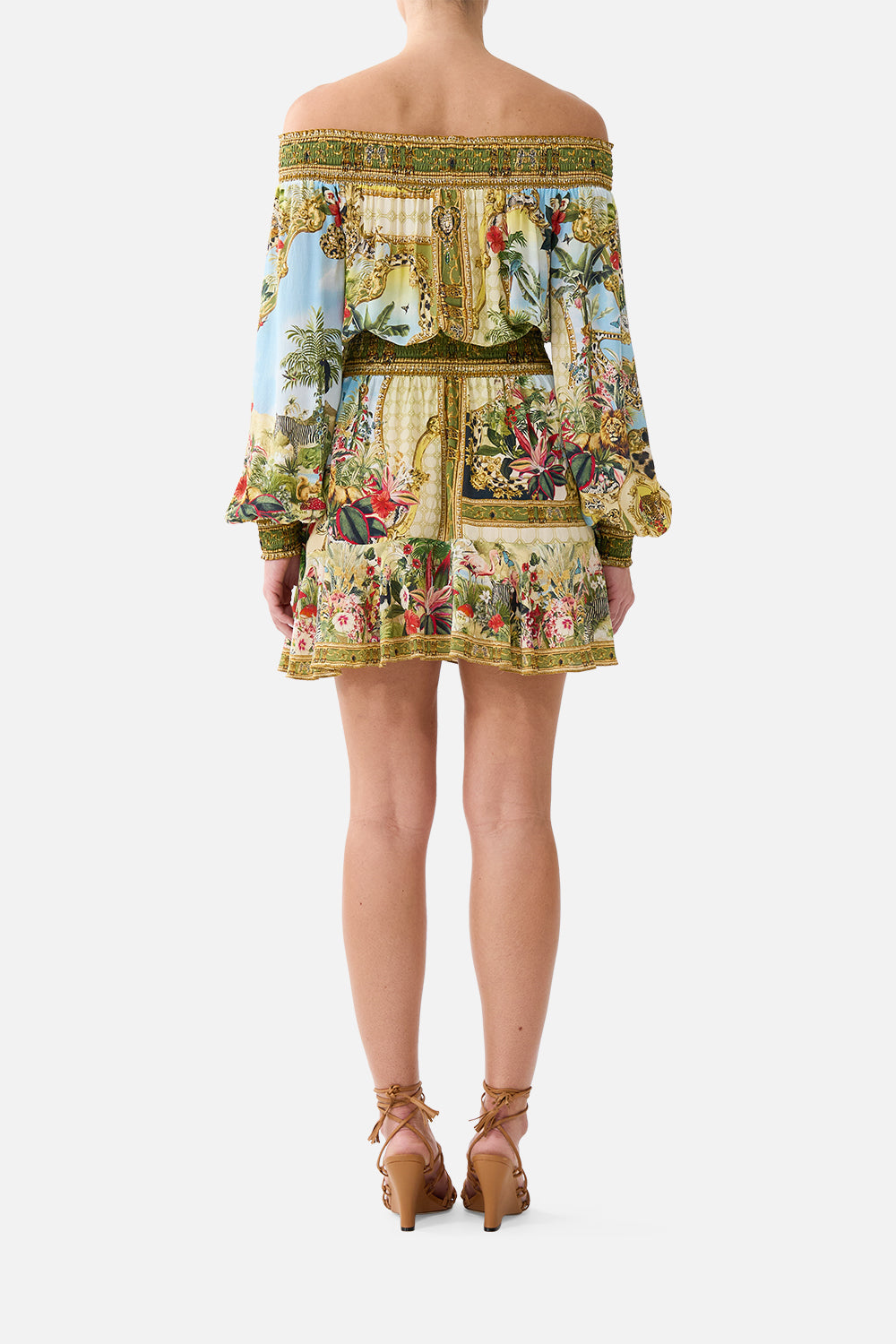 The CAMILLA Off Shoulder Short Dress Wanderlust Empire in our Wanderlust Empire print.
