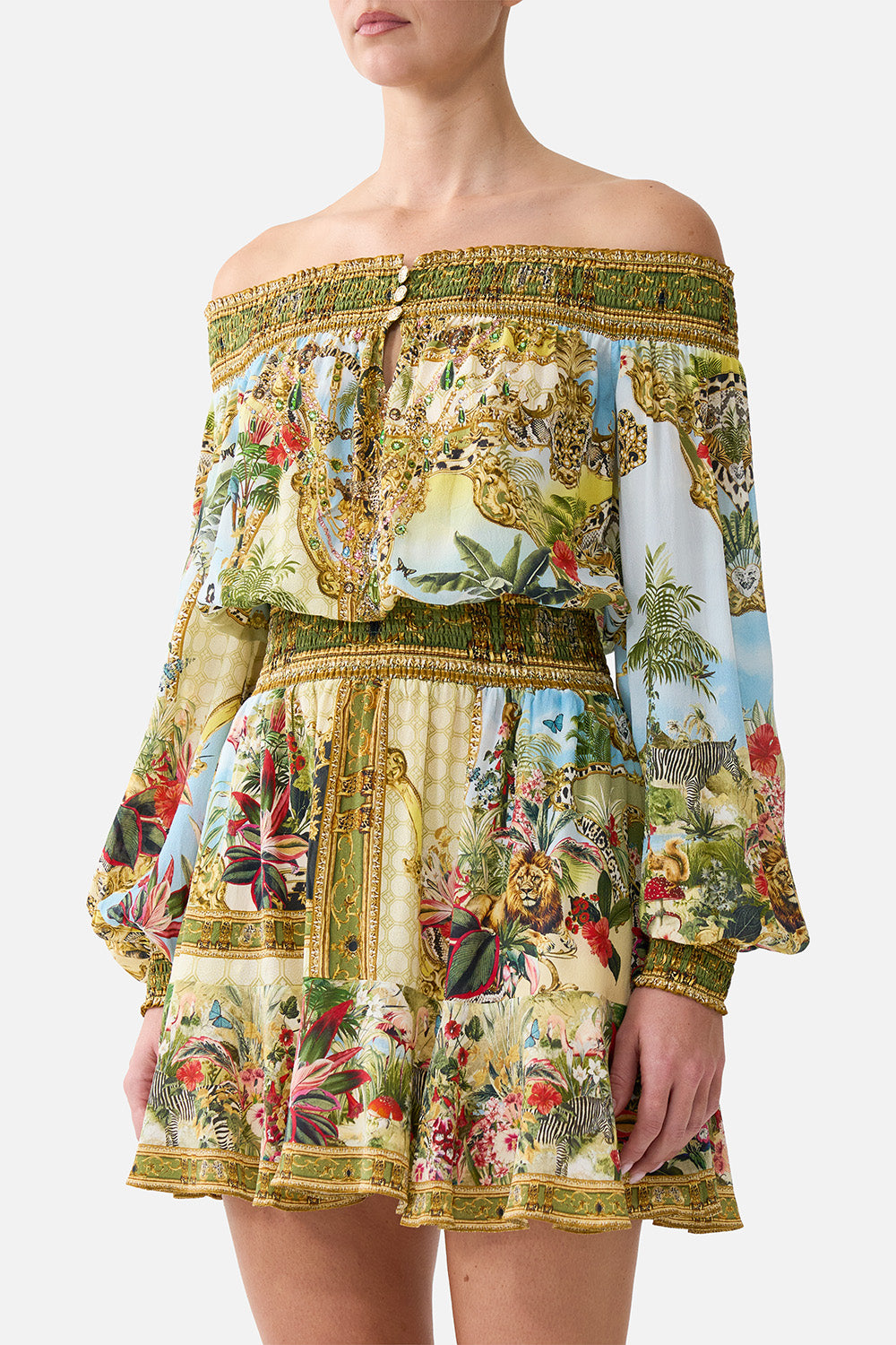 The CAMILLA Off Shoulder Short Dress Wanderlust Empire in our Wanderlust Empire print.