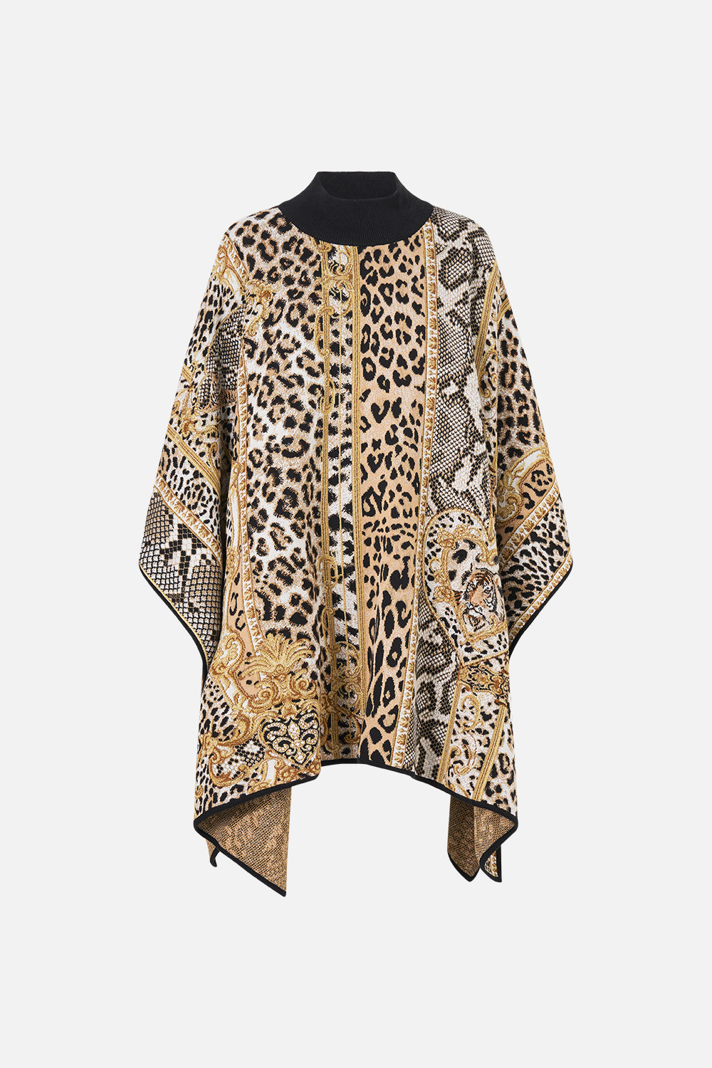 The CAMILLA Funnel Neck Drape Knit Poncho Leopard Libertine in our Leopard Libertine print.