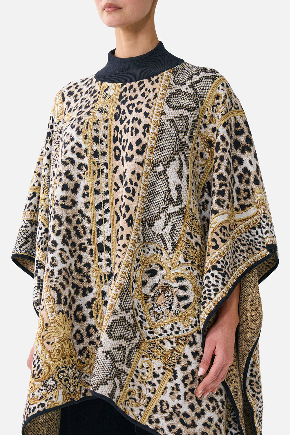 The CAMILLA FUNNEL NECK DRAPE KNIT PONCHO LEOPARD LIBERTINE