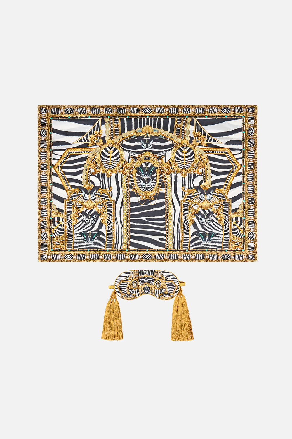 The CAMILLA Pillowcase and Eye Mask with Tassels Set in our Zig Zag Zoo print, front view.