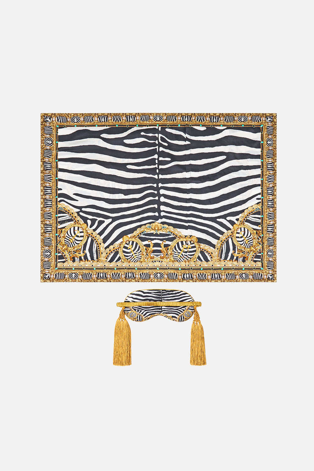 The CAMILLA Pillowcase and Eye Mask with Tassels Set in our Zig Zag Zoo print, back view.