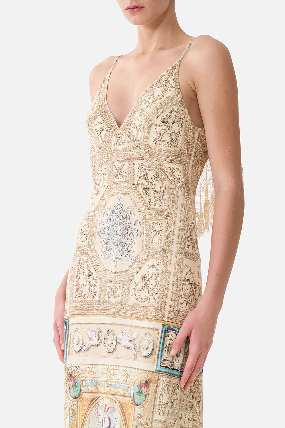 V NECK BIAS SLIP DRESS WITH BACK FRILL A BELOVED BOUDOIR