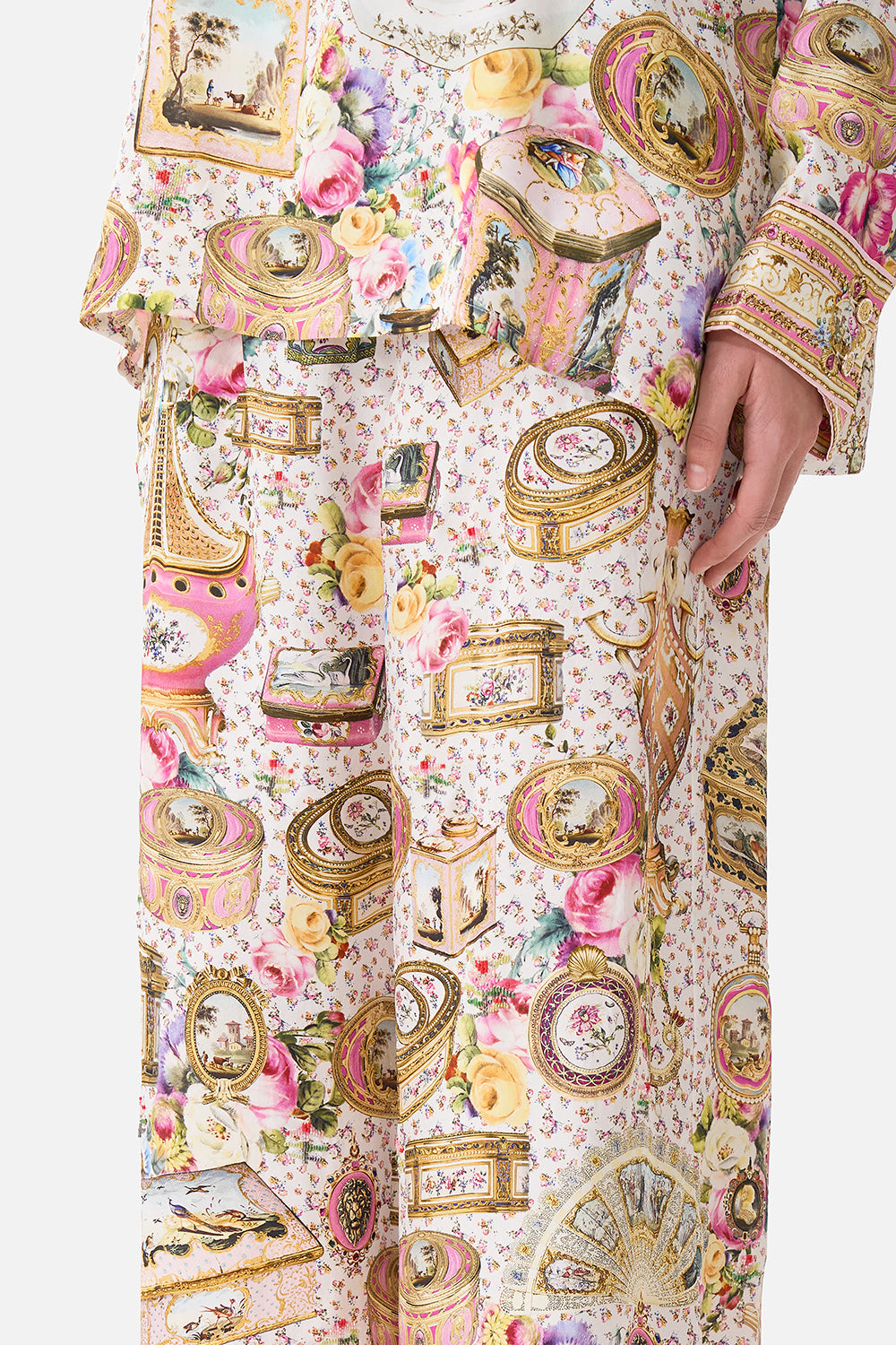 The CAMILLA SHAPED WAISTBAND DRESS WITH GATHERED SLEEVES NIGHT GARDEN in our  print.