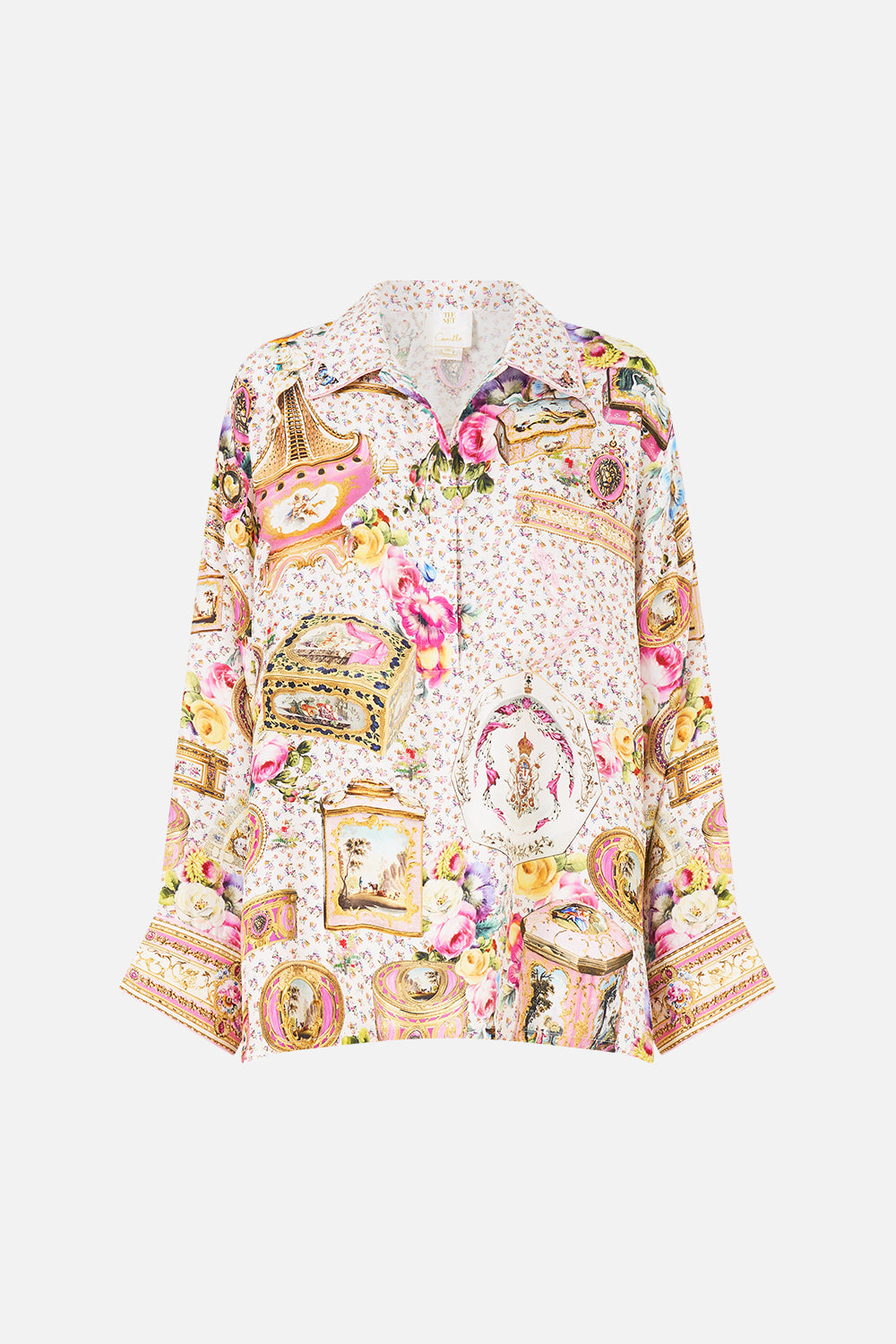 The CAMILLA SHORT BUTTON FRONT SHIRT DRESS MIDSUMMER MASTERPIECE in our  print.