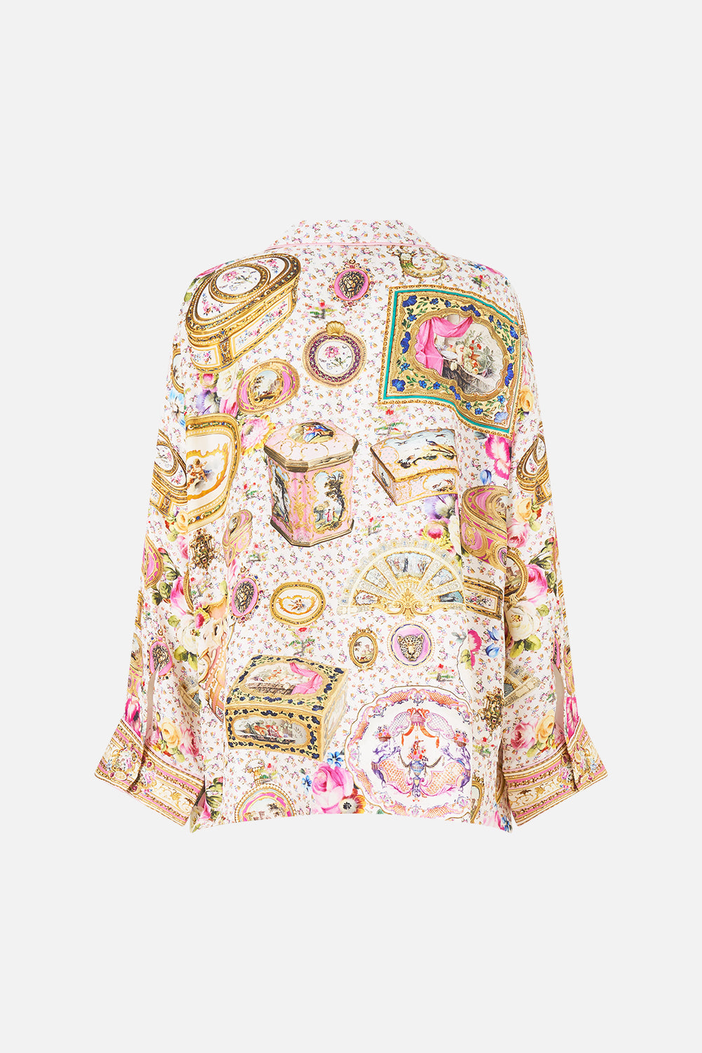The CAMILLA BUTTON SHIRT WITH FRILL DETAIL DANDELION SKIES in our DANDELION SKIES print.