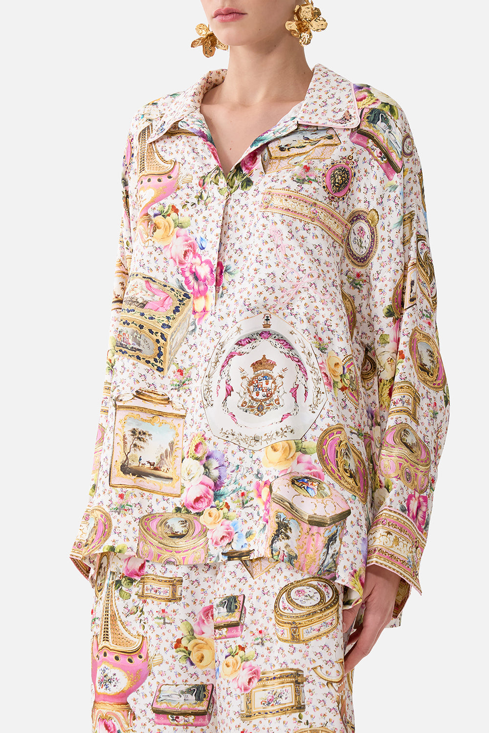 The CAMILLA SHORT BUTTON FRONT SHIRT DRESS MIDSUMMER MASTERPIECE in our  print.