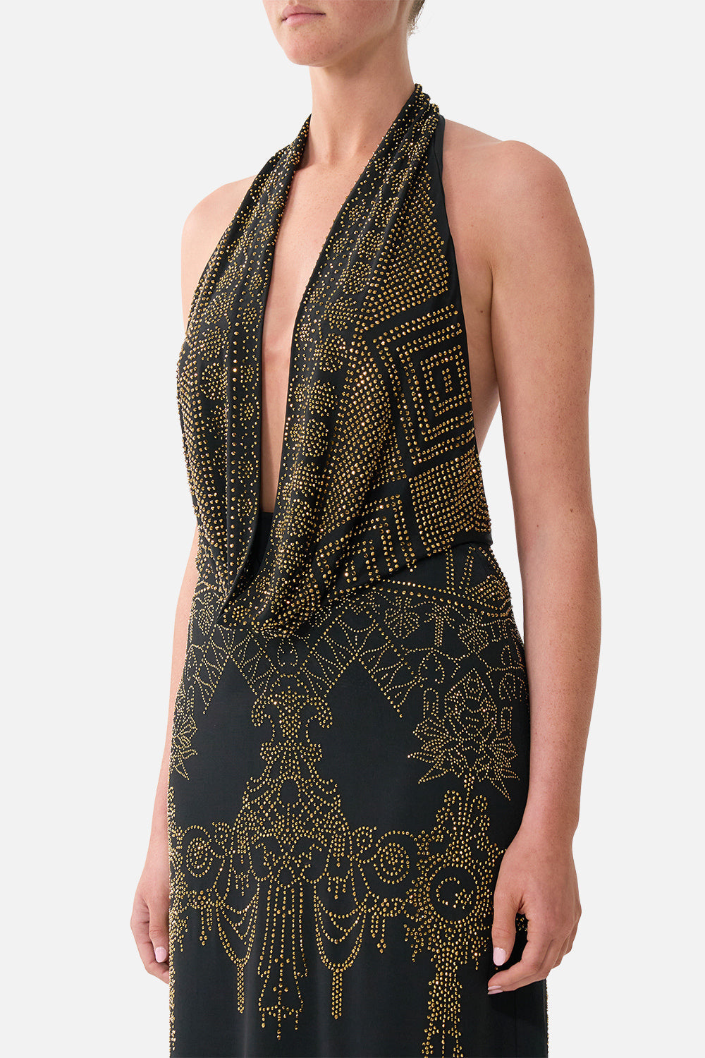 The CAMILLA Deep Cowl Plunge Dress in our The Secession Sessions print, detail view on model.