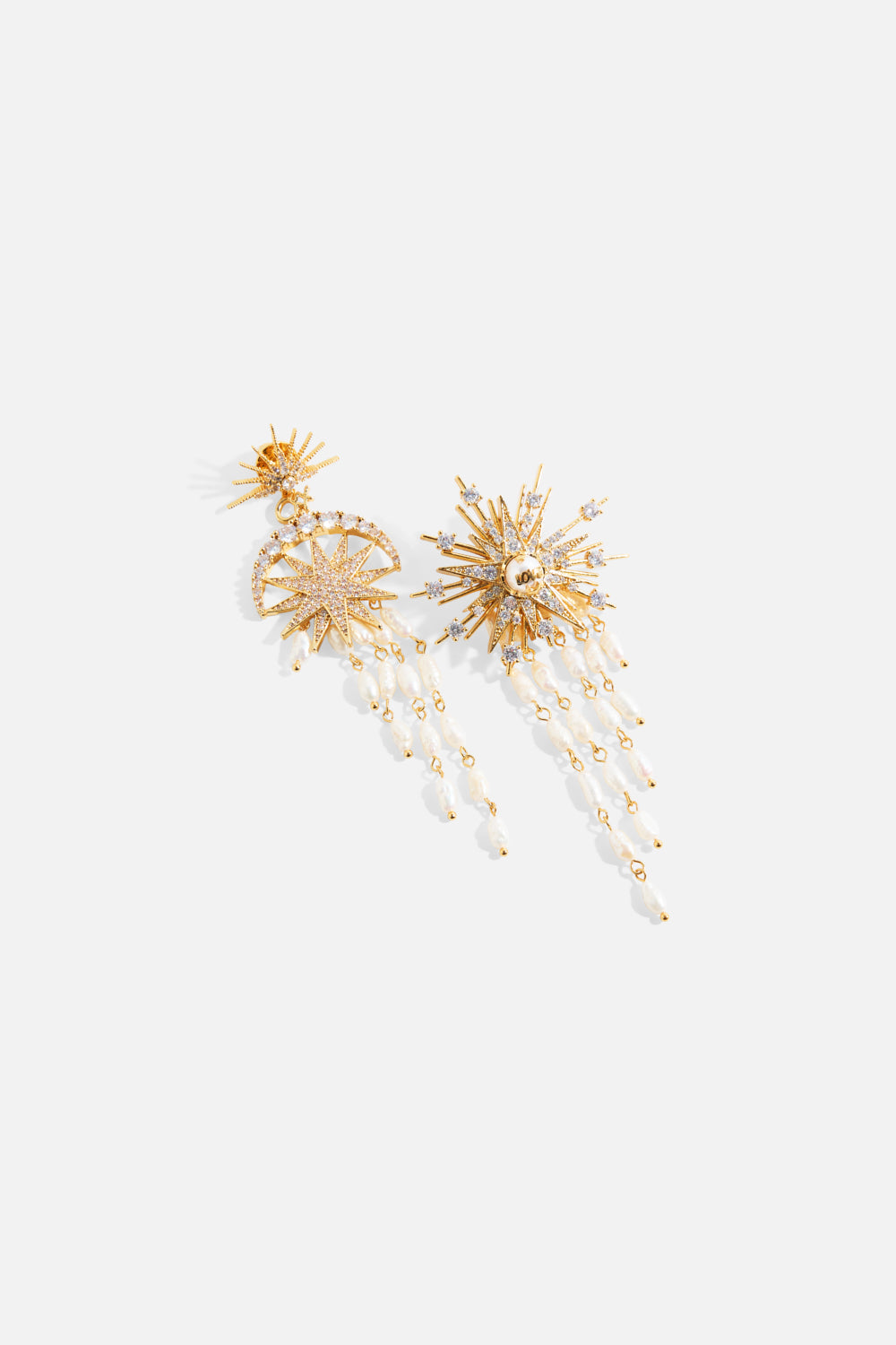 The CAMILLA Empress of Light Star Crystal Earrings in our Gold print, front view.