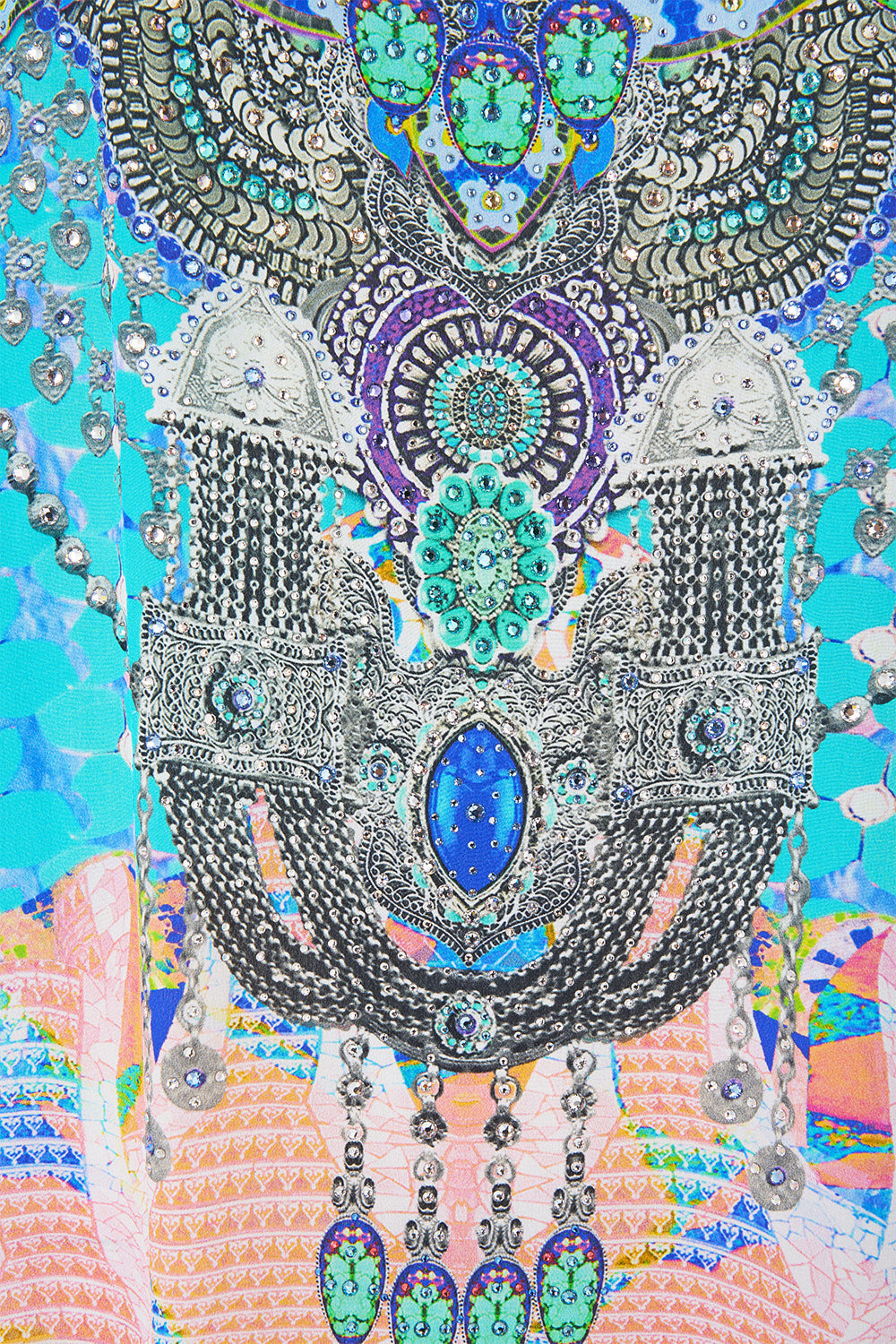 The CAMILLA V NECK FULL LENGTH BIAS SLIP DRESS THE SAPPHIRE SERPENT in our THE SAPPHIRE SERPENT print.