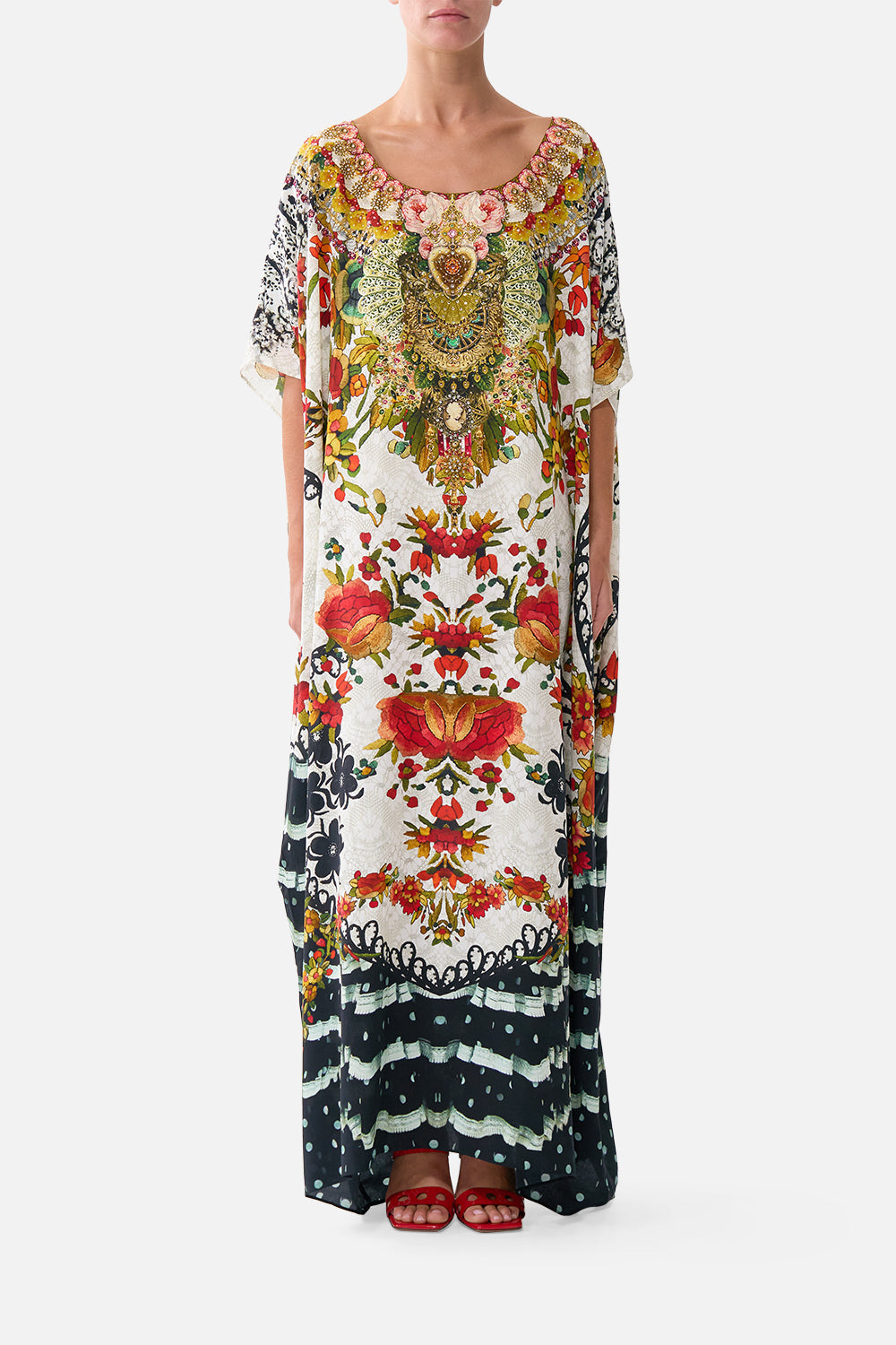 The CAMILLA V NECK FULL LENGTH BIAS SLIP DRESS HOWDY GAUDI in our  print.