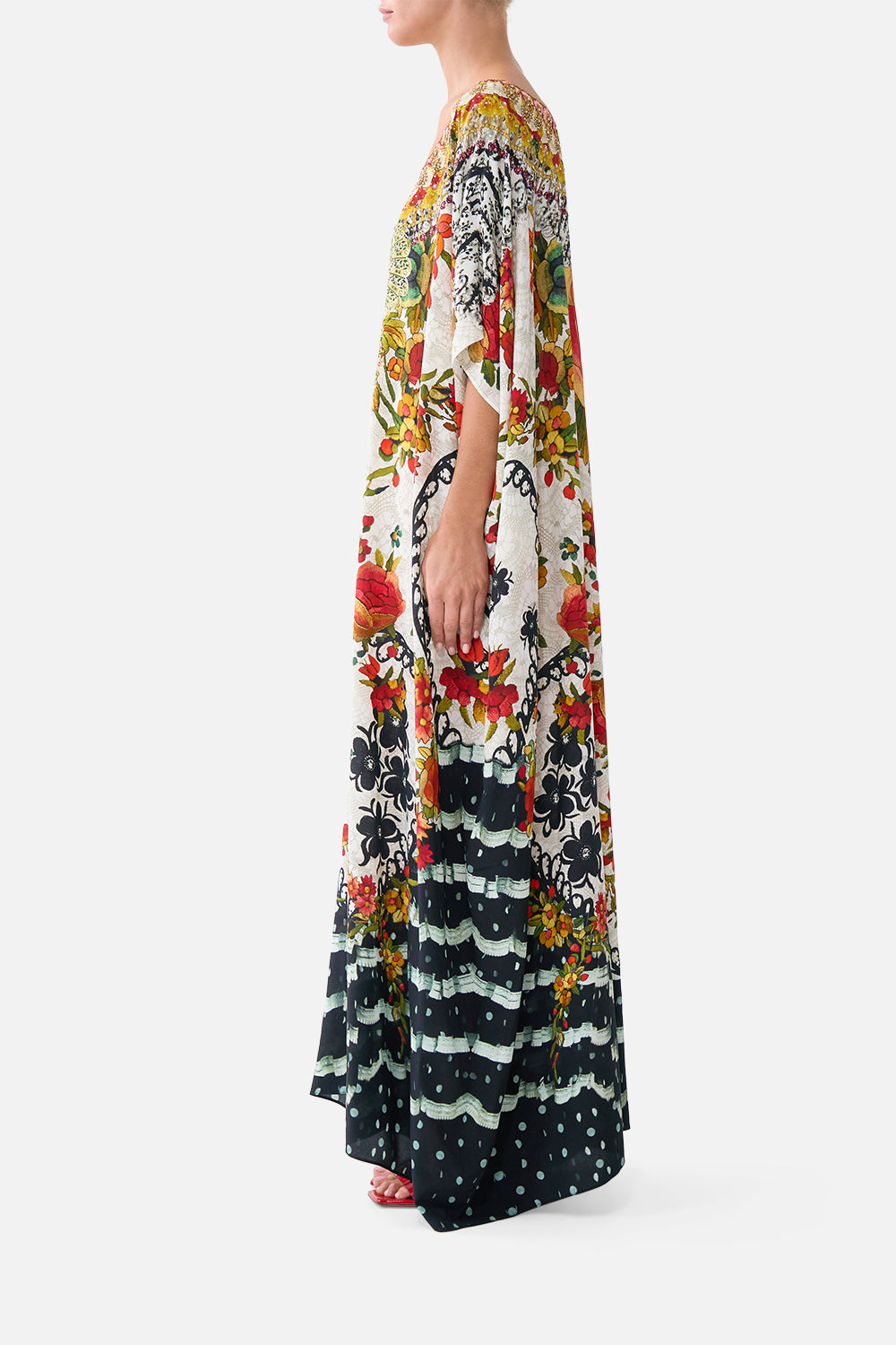 The CAMILLA V NECK FULL LENGTH BIAS SLIP DRESS HOWDY GAUDI in our  print.