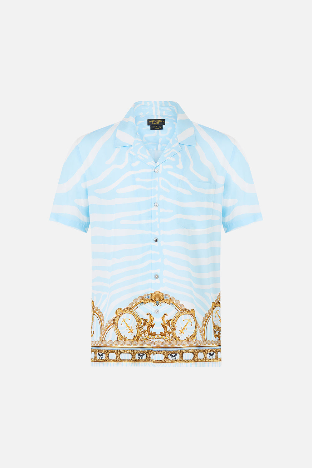 The CAMILLA Short Sleeve Camp Collared Shirt in our Spirit of Stripes print, front view.
